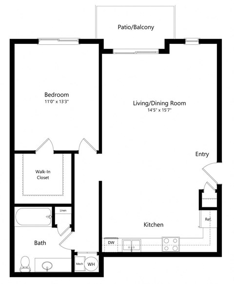 Floor plan for 1 bed, 1 bath, 810 sqft
